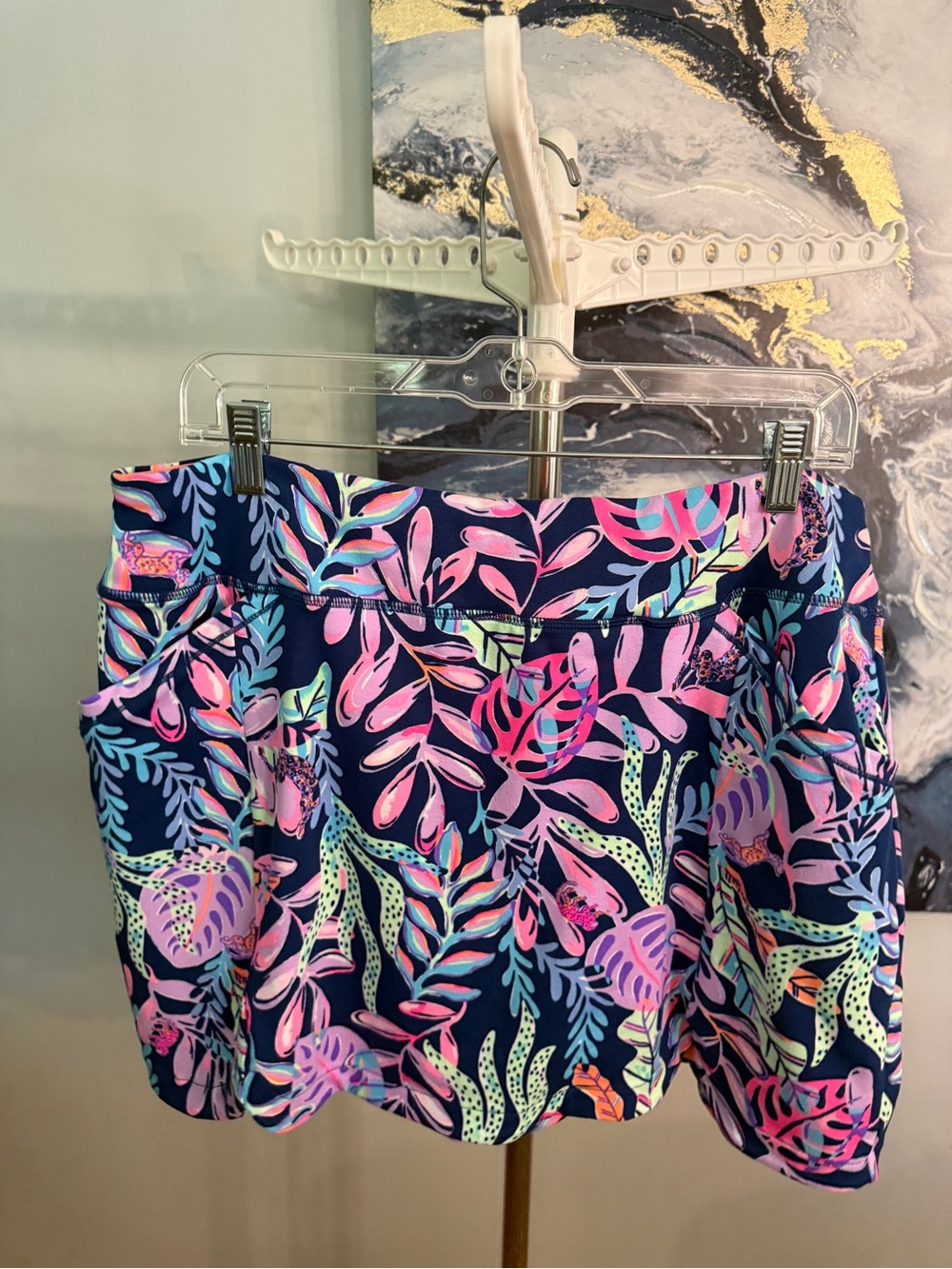 Lilly Pulitzer Navy Luxletic Skort with Pink & Aqua Leaf Print